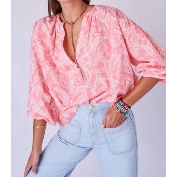 Overlover Cameron Top in Palms Coral Rose Blouse SIZE Small - Picture 1 of 7